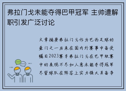 弗拉门戈未能夺得巴甲冠军 主帅遭解职引发广泛讨论